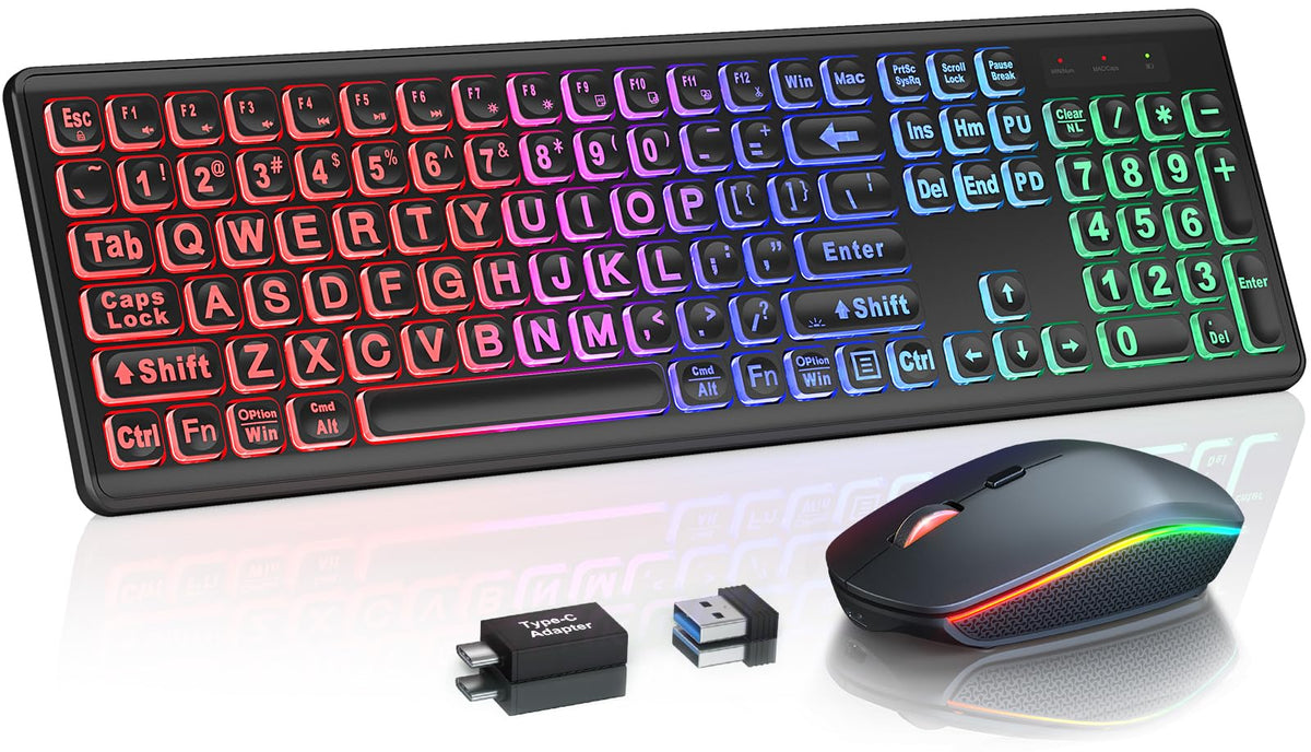 Wireless Keyboard and Mouse Combo, RGB Backlit, Rechargeable & Light Up Letters, Full-Size, Soft Typing, Sleep Mode, 2.4GHz Quiet Keyboard Set for Mac, Windows, Laptop, PC, Trueque KM42Pro (Black) - Flex Gamingproduct_type