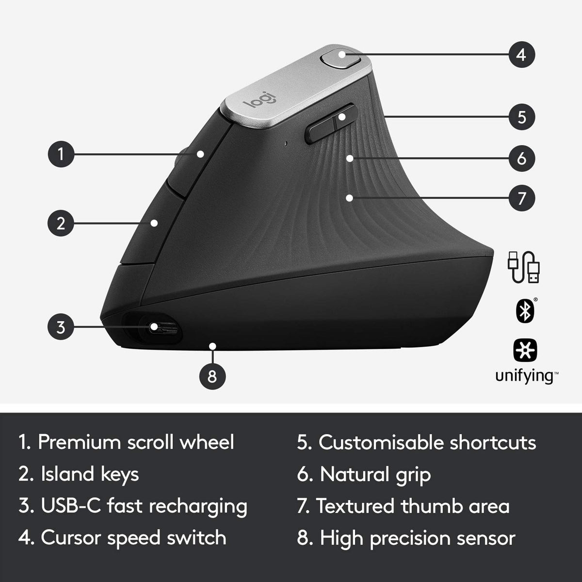 Logitech MX Vertical Wireless Mouse – Ergonomic Design Reduces Muscle Strain, Move Content Between 3 Windows and Apple Computers, Rechargeable, Graphite - Flex Gamingproduct_type