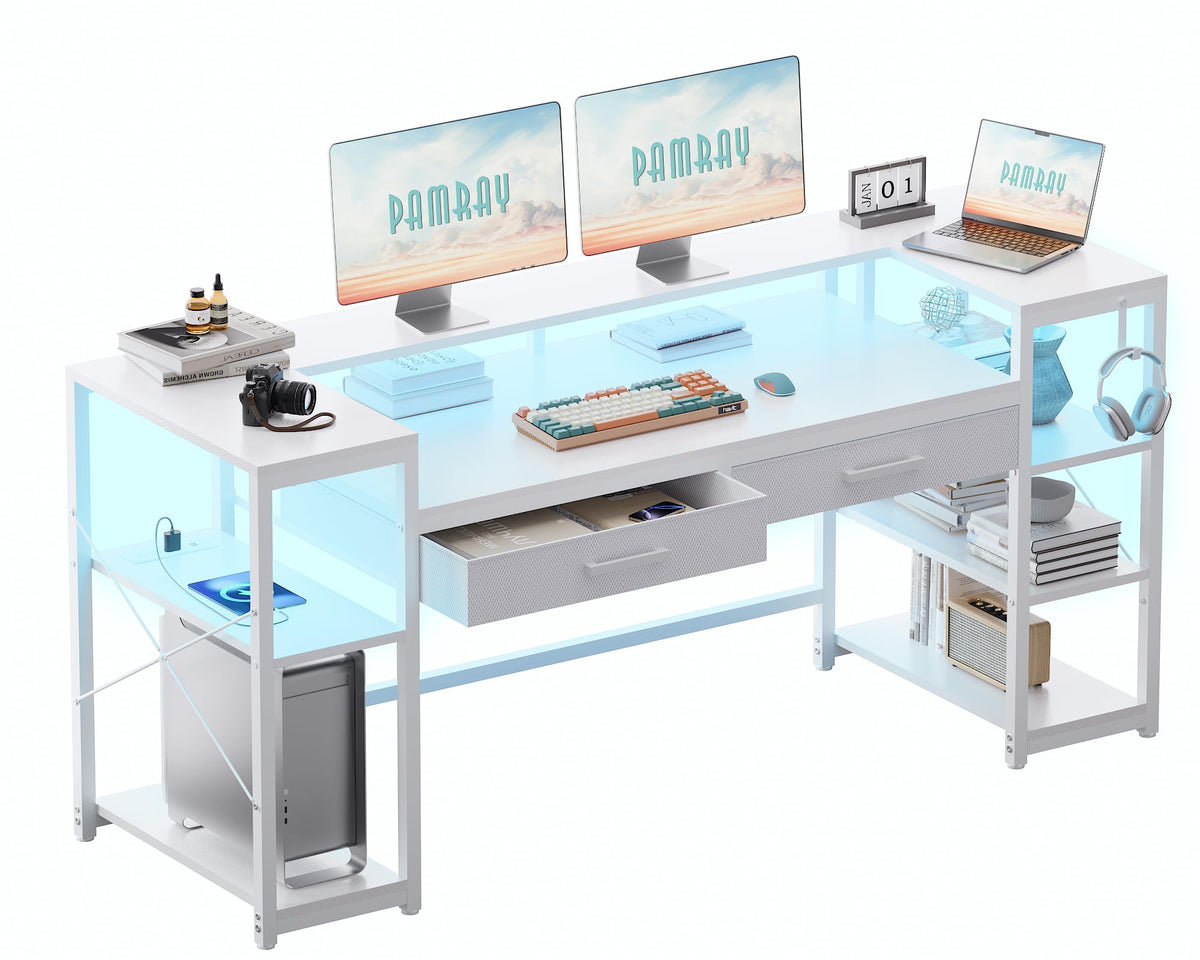 Pamray 58 Inch Computer Desk with Monitor Stand and Shelves Gaming Desk with LED Lights & Power Outlets PC Vanity Table with 2 Drawers for Home Office Black - Flex Gamingproduct_type