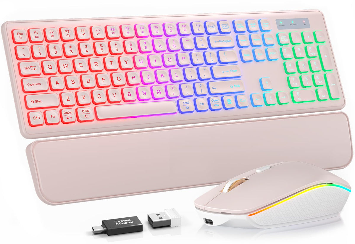 Wireless Keyboard and Mouse Combo, RGB Backlit, Rechargeable & Light Up Letters, Full-Size, Soft Typing, Sleep Mode, 2.4GHz Quiet Keyboard Set for Mac, Windows, Laptop, PC, Trueque KM42Pro (Black) - Flex Gamingproduct_type