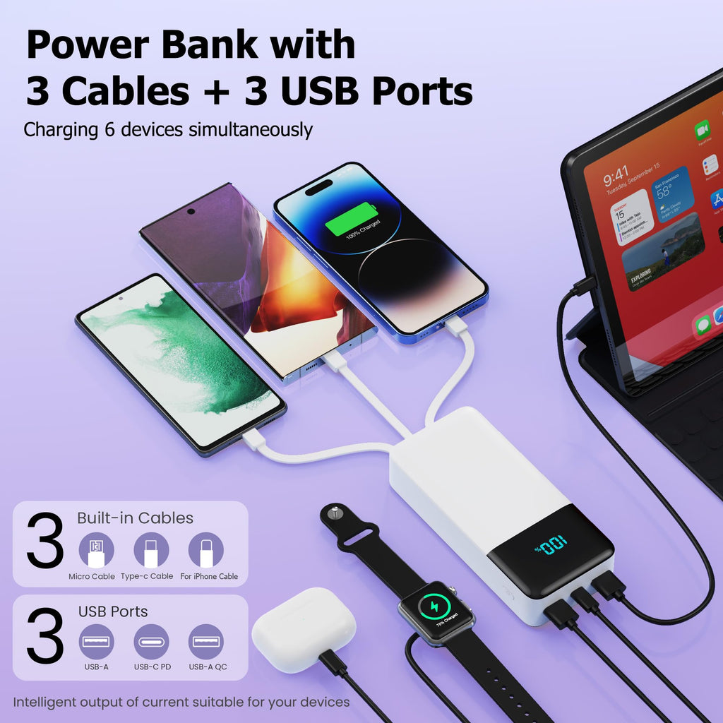 Pxwaxpy 25W Portable Power Bank with 3 Built-In Cables – 6 Options