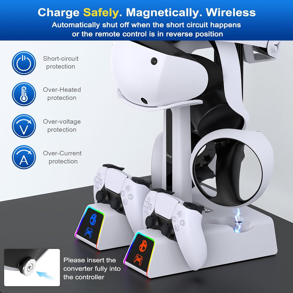 RGB Charging Station for PSVR 2/ PS5 Edge/ PS5 Controller with AC Adapter, PSVR2 Stand with PS VR2 Accessories for PS5VR2 Headset and Dualsense Controllers+ VR2 Charging Dock+ 10 Light Mode - Flex Gamingproduct_type