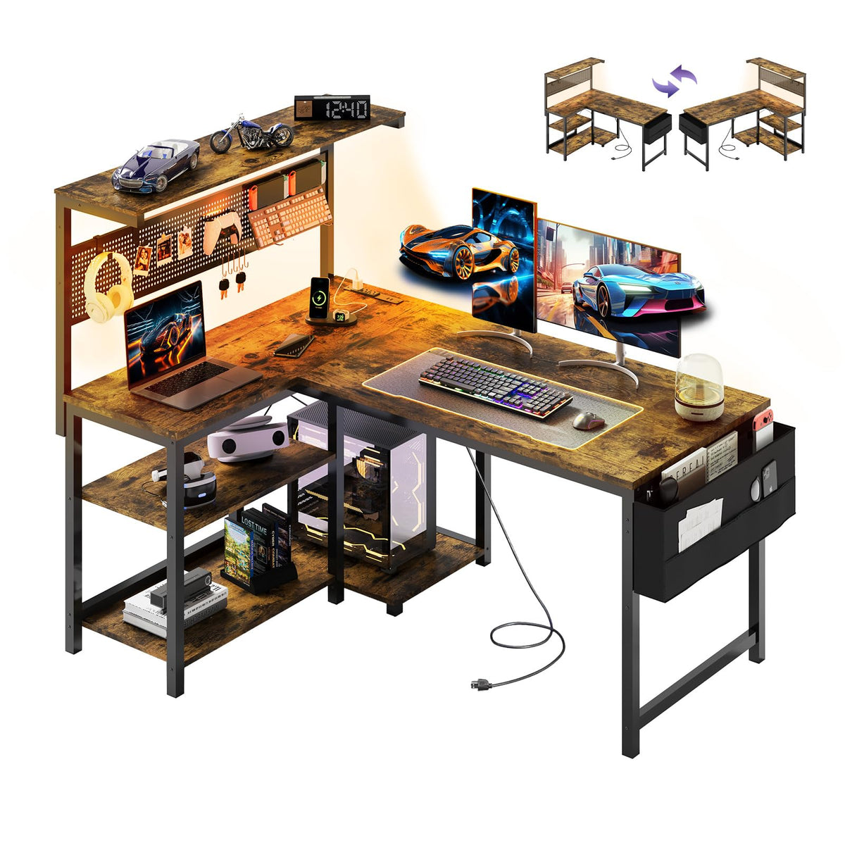Apicizon L Shaped Desk Gaming Desk with LED Light & Power Outlet, 47 Inch Reversible Computer Desk with Pegboard & Shelf & Storage Bag for Home Office, Black - Flex Gamingproduct_type
