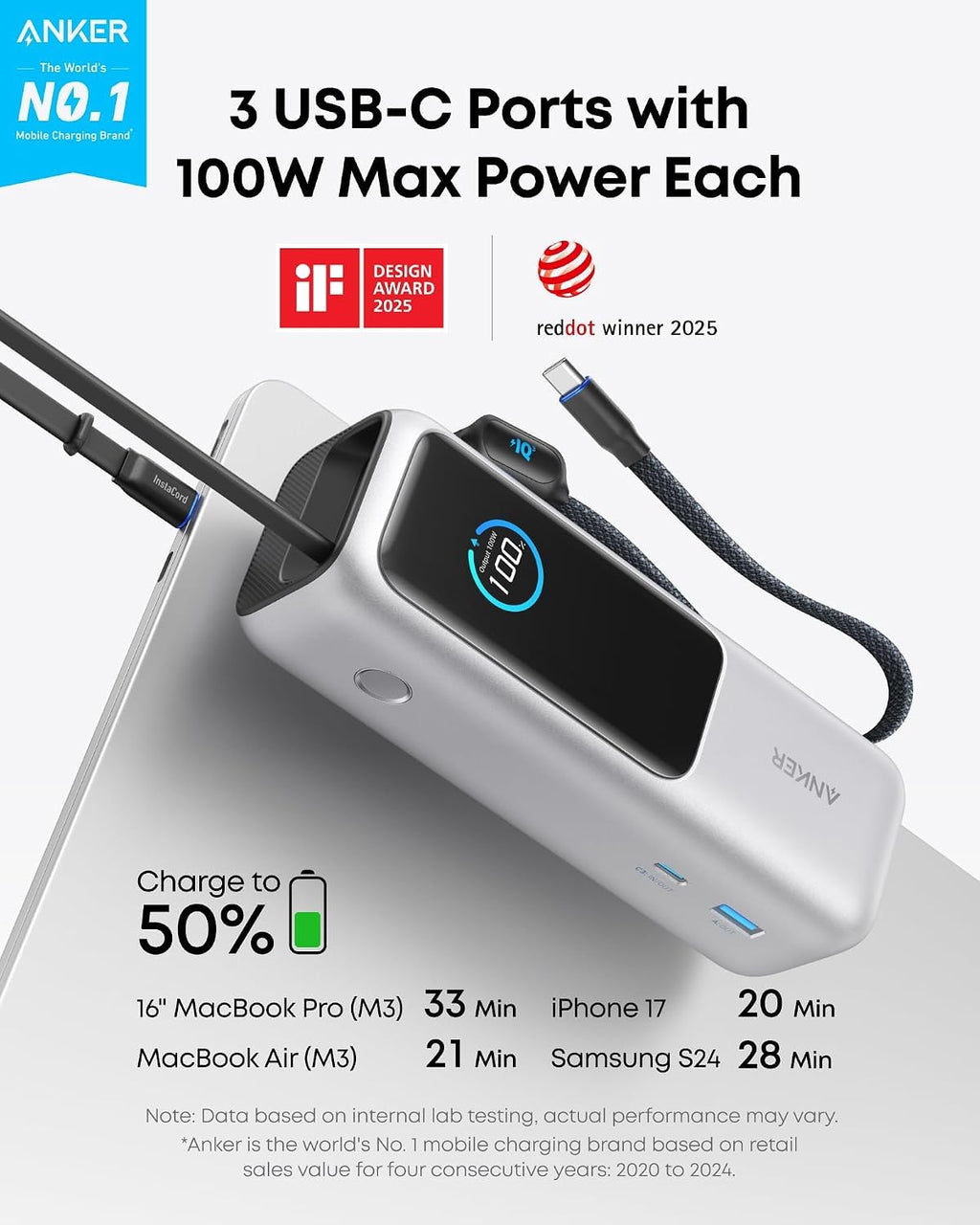 Anker 25K Power Bank with Built-In Cables – 2 Colors