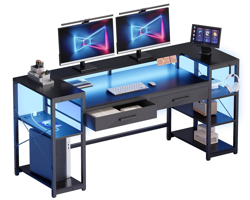 Pamray 58 Inch Computer Desk with Monitor Stand and Shelves Gaming Desk with LED Lights & Power Outlets PC Vanity Table with 2 Drawers for Home Office Black - Flex Gamingproduct_type