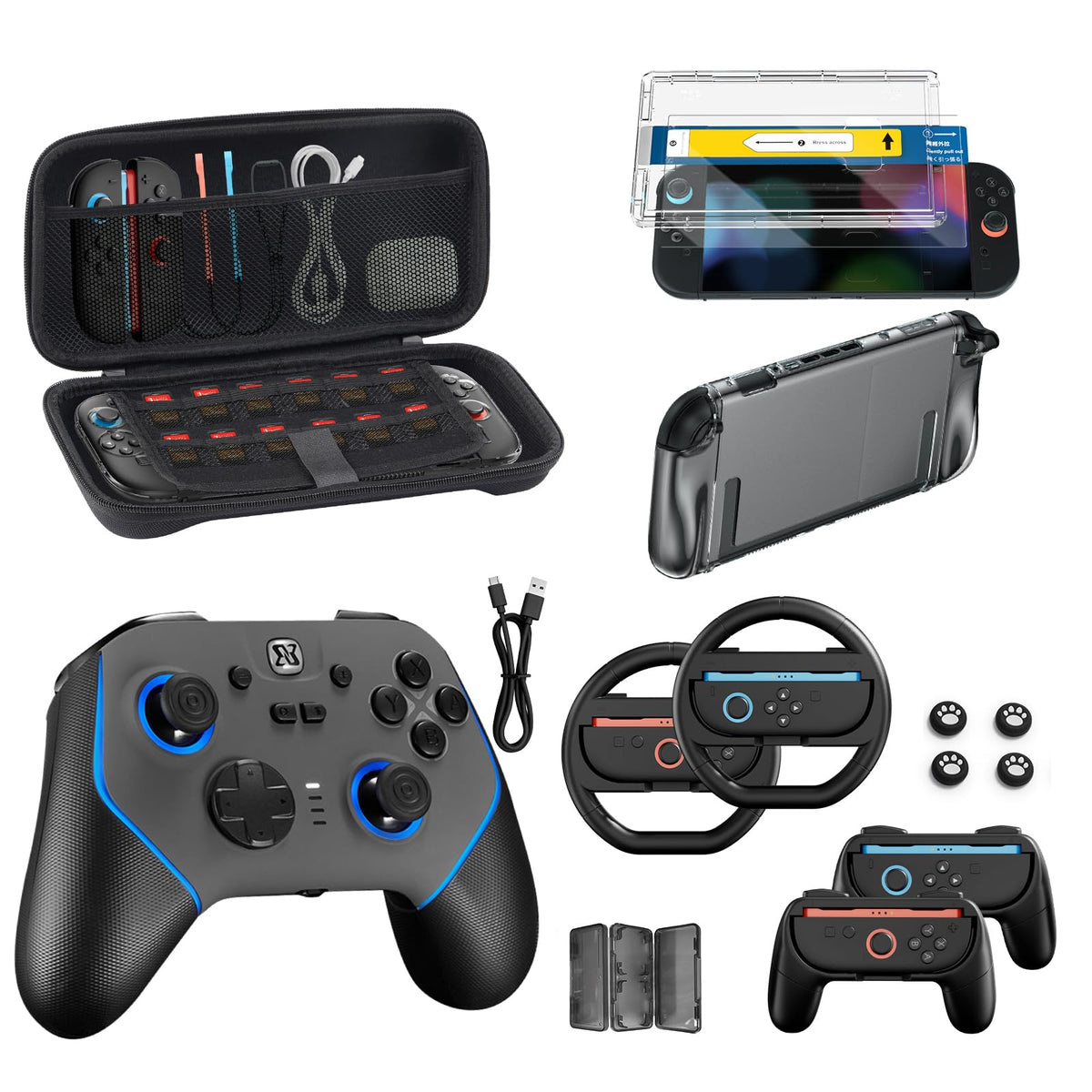 Pro Controllers Accessories Bundle for Nintendo Switch 2 18-in-1: Carrying Case, Screen Protector, Thumb Grip for Joycon, Dockable Console Protective Cover Shell, Steering Wheel, 2025 Switch2 Game Kit - Flex Gamingproduct_type