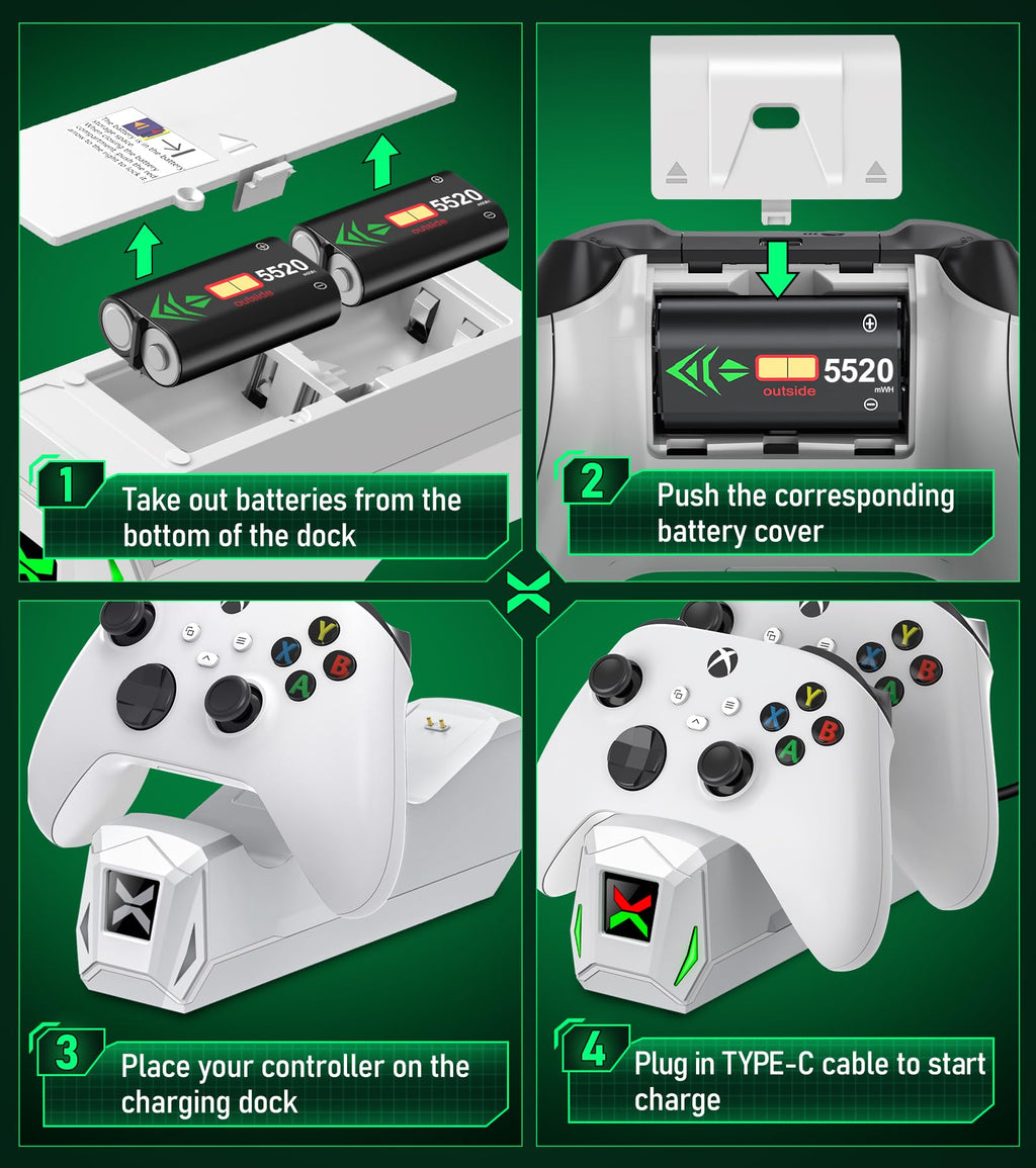 NinABXY Xbox Controller Charging Dock – 2 Colors & 2 Battery Packs