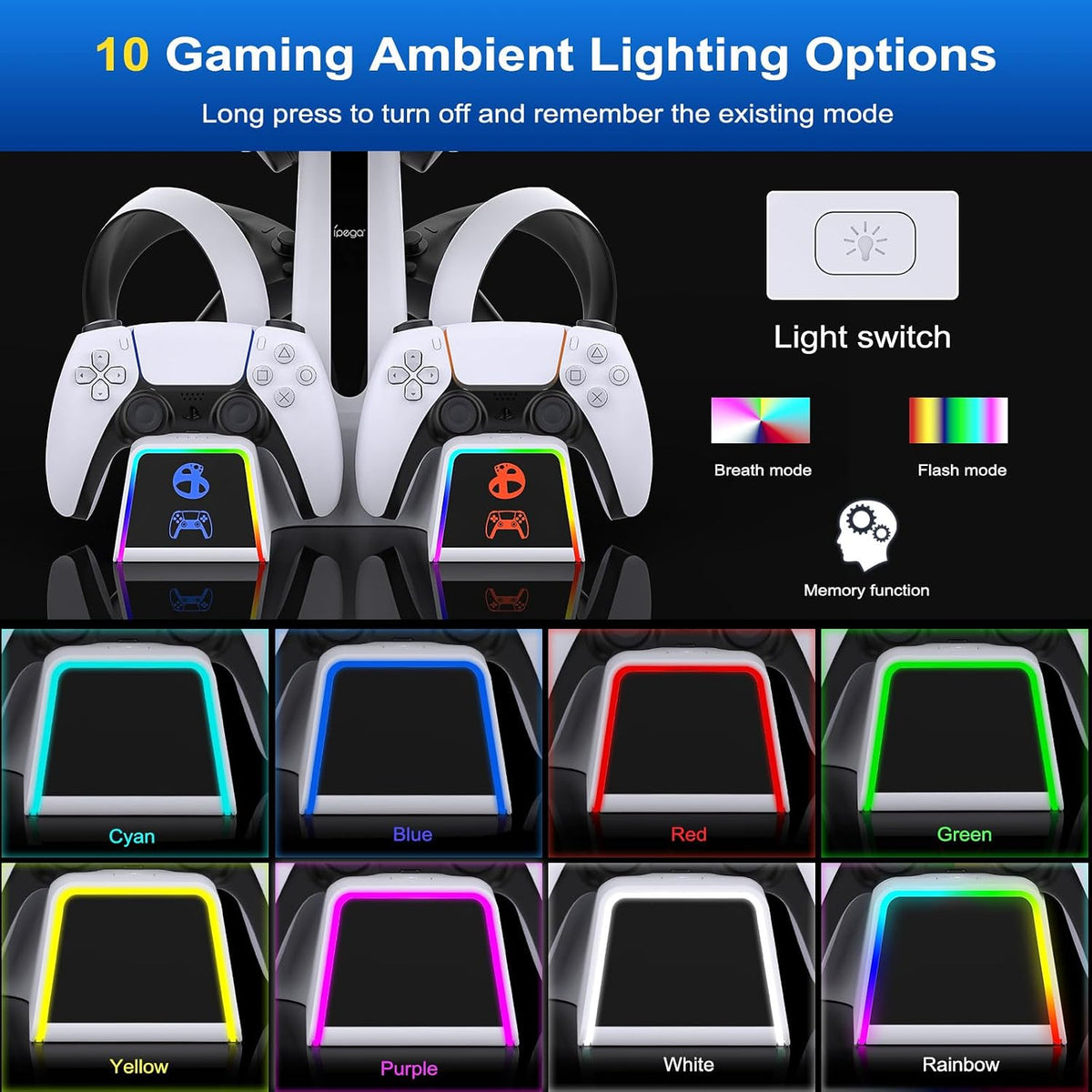 RGB Charging Station for PSVR 2/ PS5 Edge/ PS5 Controller with AC Adapter, PSVR2 Stand with PS VR2 Accessories for PS5VR2 Headset and Dualsense Controllers+ VR2 Charging Dock+ 10 Light Mode - Flex Gamingproduct_type