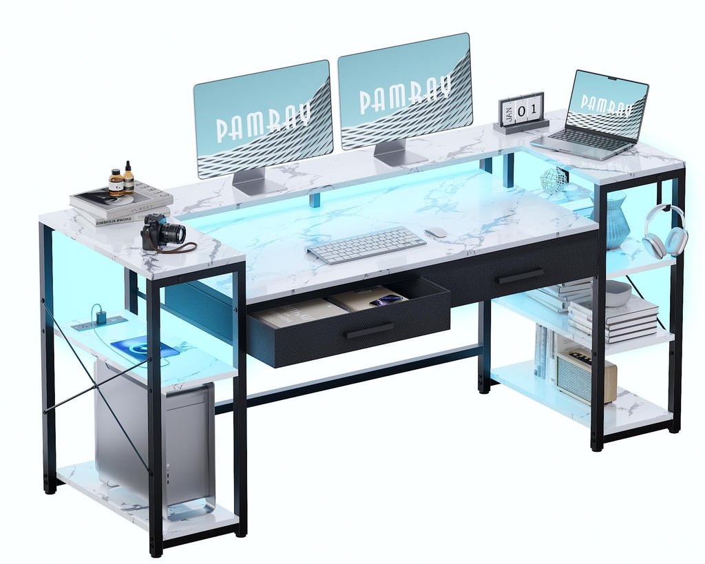 Pamray 58 Inch Computer Desk with Monitor Stand and Shelves Gaming Desk with LED Lights & Power Outlets PC Vanity Table with 2 Drawers for Home Office Black - Flex Gamingproduct_type