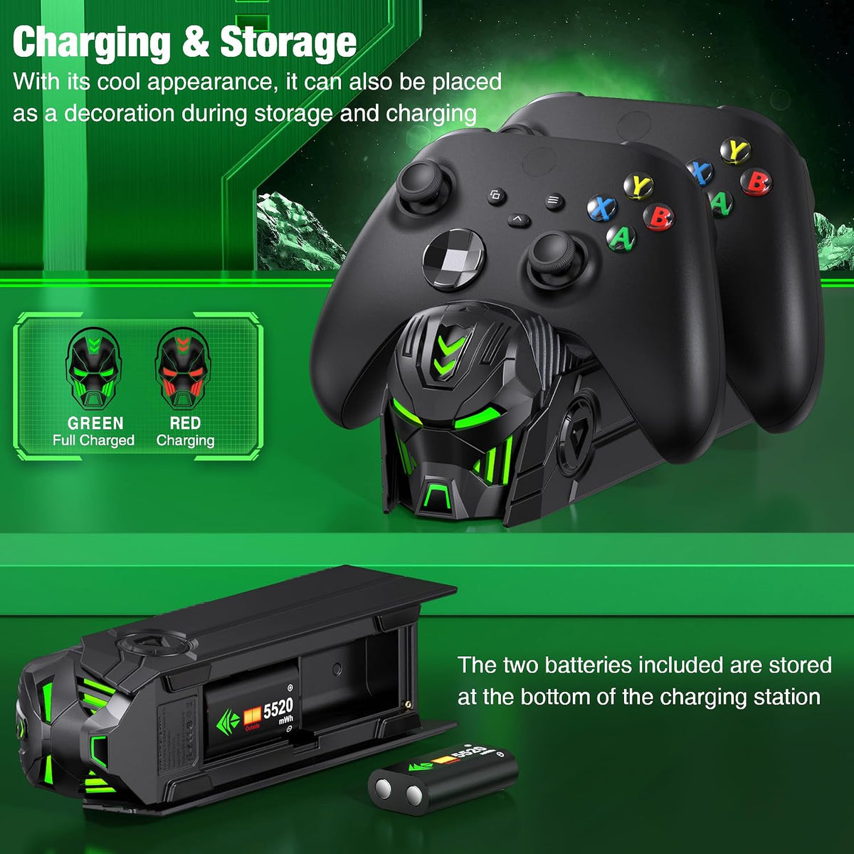 DINOSTRIKE Xbox Controller Charging Dock with 2 Batteries