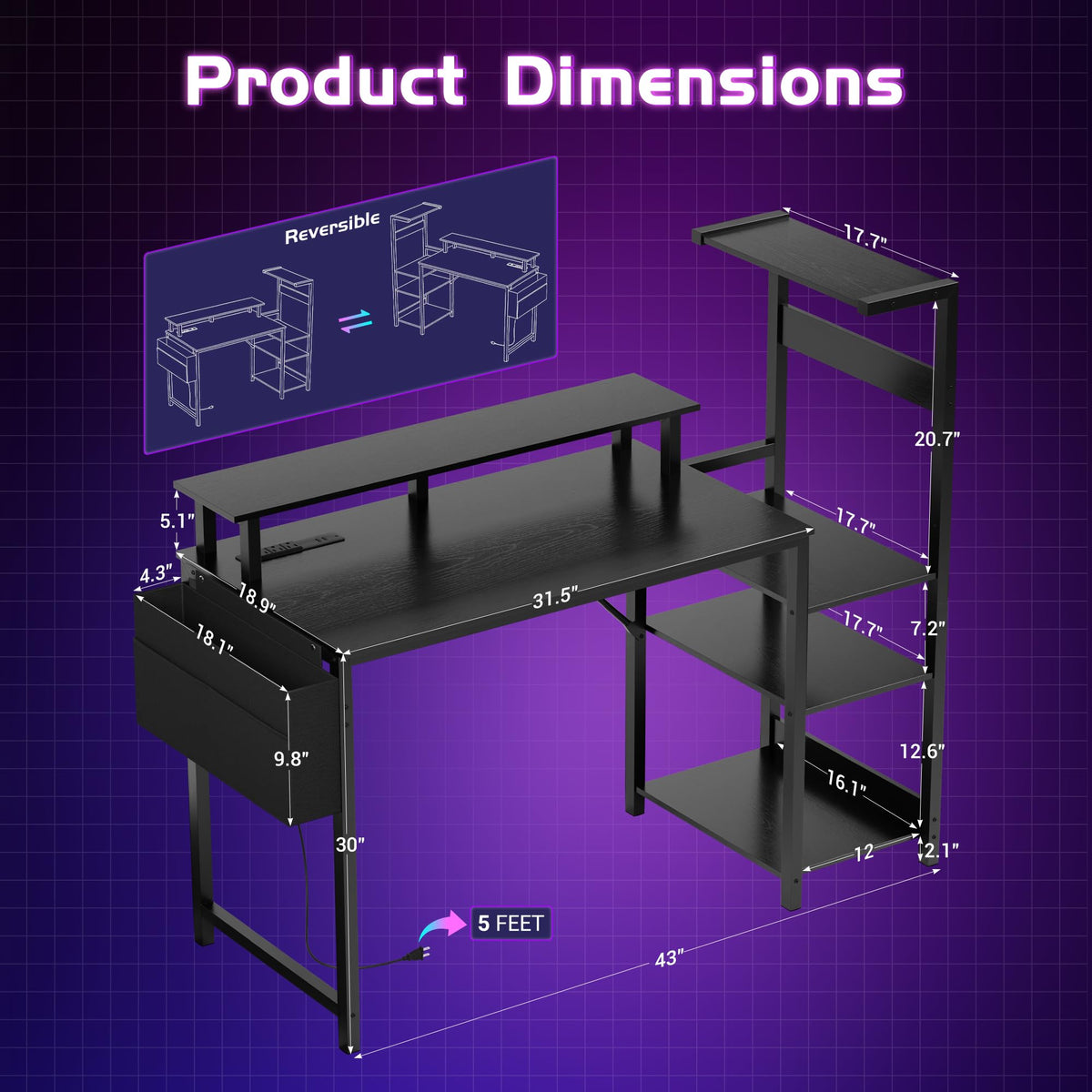 Apicizon 43 Inch Gaming Desk with LED Setup Style, Computer Desk with Storage Shelves & Monitor Stand, Reversible Workstation for Small Space, Home Office Desk Black - Flex Gamingproduct_type