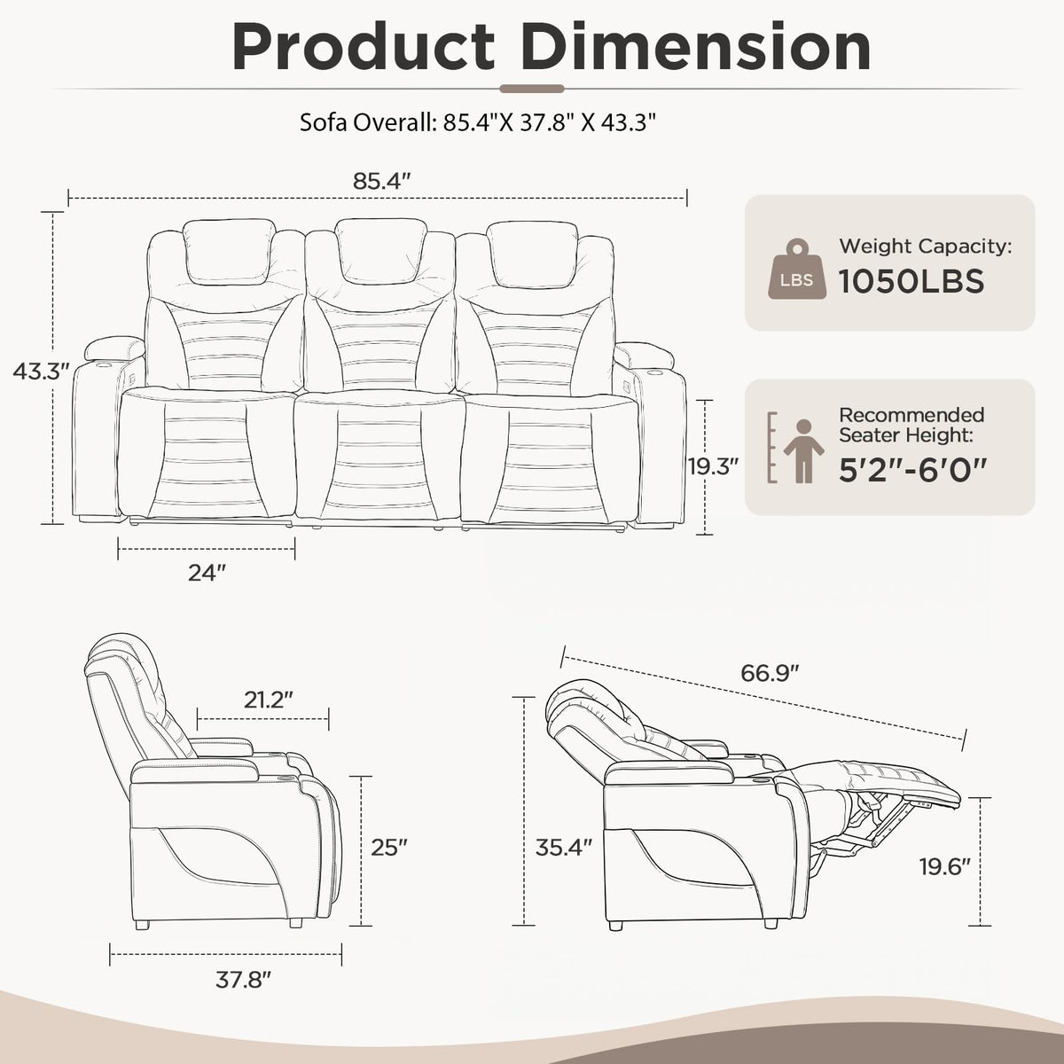 URRED Power Recliner Sofa for Home Theater – 3 Sizes & 4 Colors