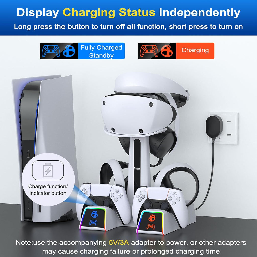 RGB Charging Station for PSVR 2/ PS5 Edge/ PS5 Controller with AC Adapter, PSVR2 Stand with PS VR2 Accessories for PS5VR2 Headset and Dualsense Controllers+ VR2 Charging Dock+ 10 Light Mode - Flex Gamingproduct_type