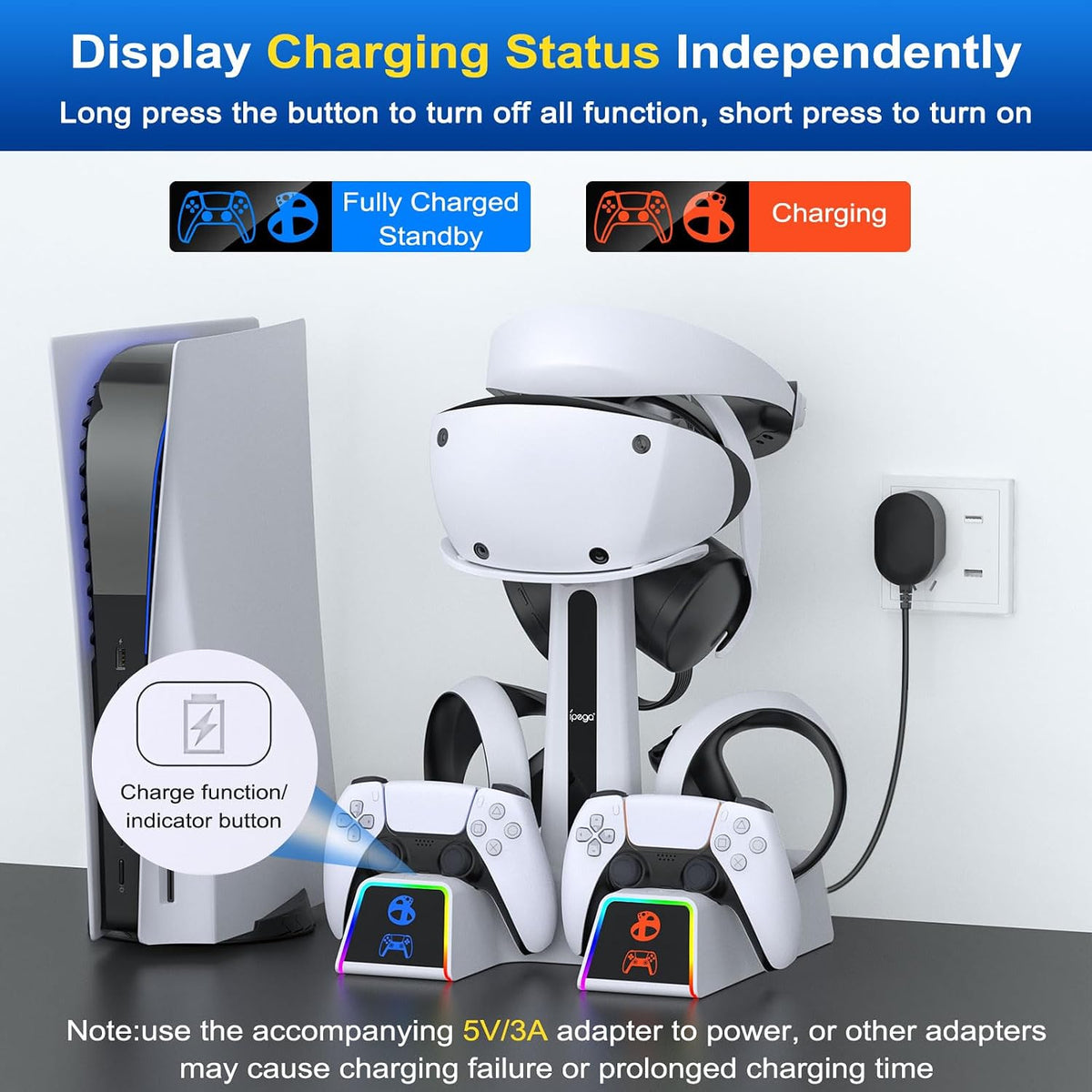 RGB Charging Station for PSVR 2/ PS5 Edge/ PS5 Controller with AC Adapter, PSVR2 Stand with PS VR2 Accessories for PS5VR2 Headset and Dualsense Controllers+ VR2 Charging Dock+ 10 Light Mode - Flex Gamingproduct_type