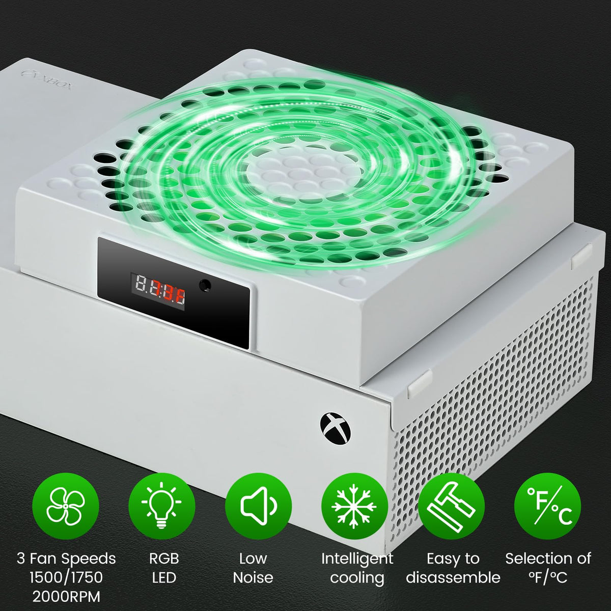 DEPGI Cooling Fan for Xbox Series x, Featuring Automatic Fan Speed Adjustment Based on Temperature, LED Display Screen, Low Noise, Easy Installation, 3 speeds, with RGB LED - Flex Gamingproduct_type
