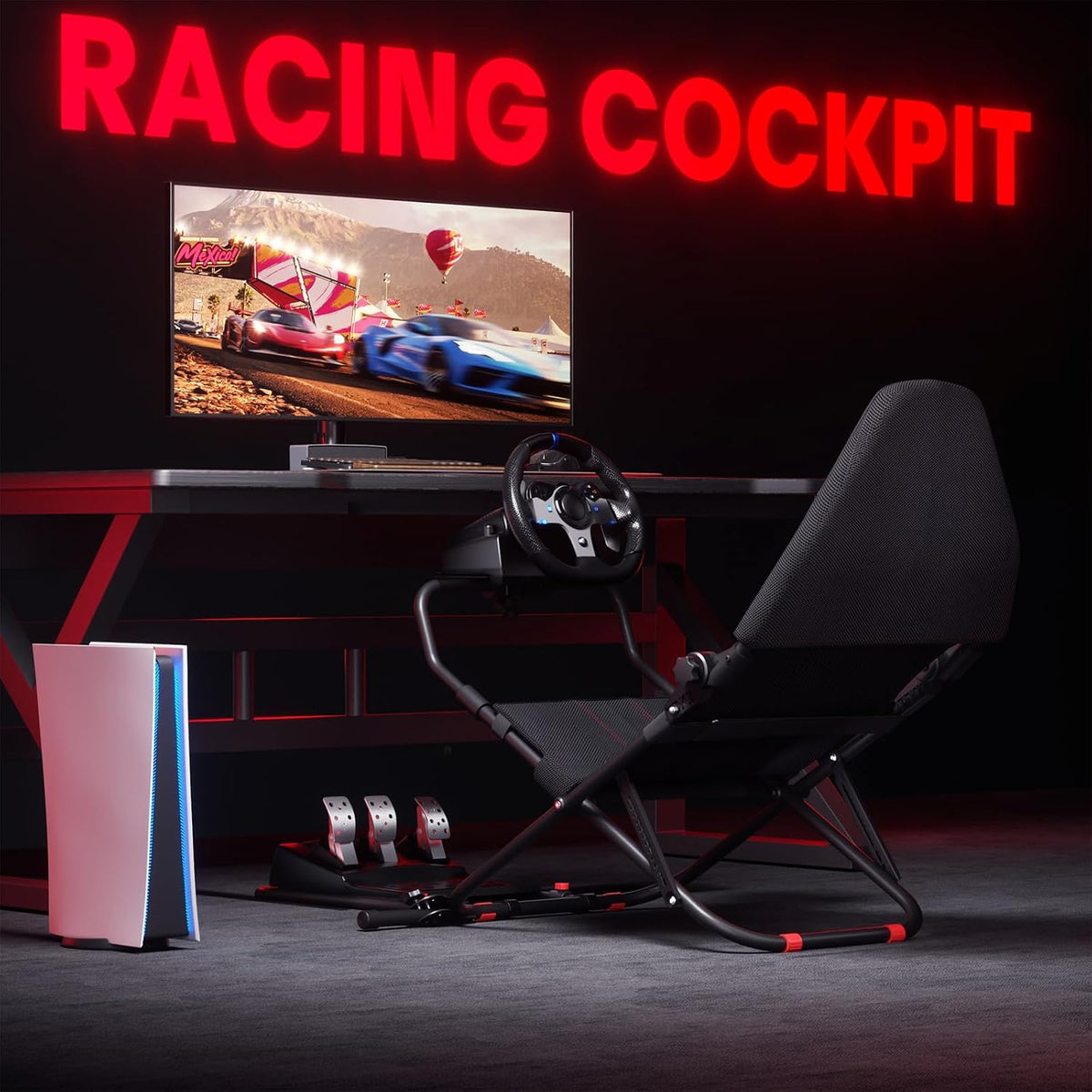 RACGTING Racing Simulator Cockpit for G29/G920/G923, Foldable & Adjustable Racing Seat for Thrustmaster T300RS/248/T-GT II, Fanatec CSL DD/GT DD Pro/ClubSport DD/DD+, MOZA R5, SIMAGIC Alpha Mini - Flex Gamingproduct_type