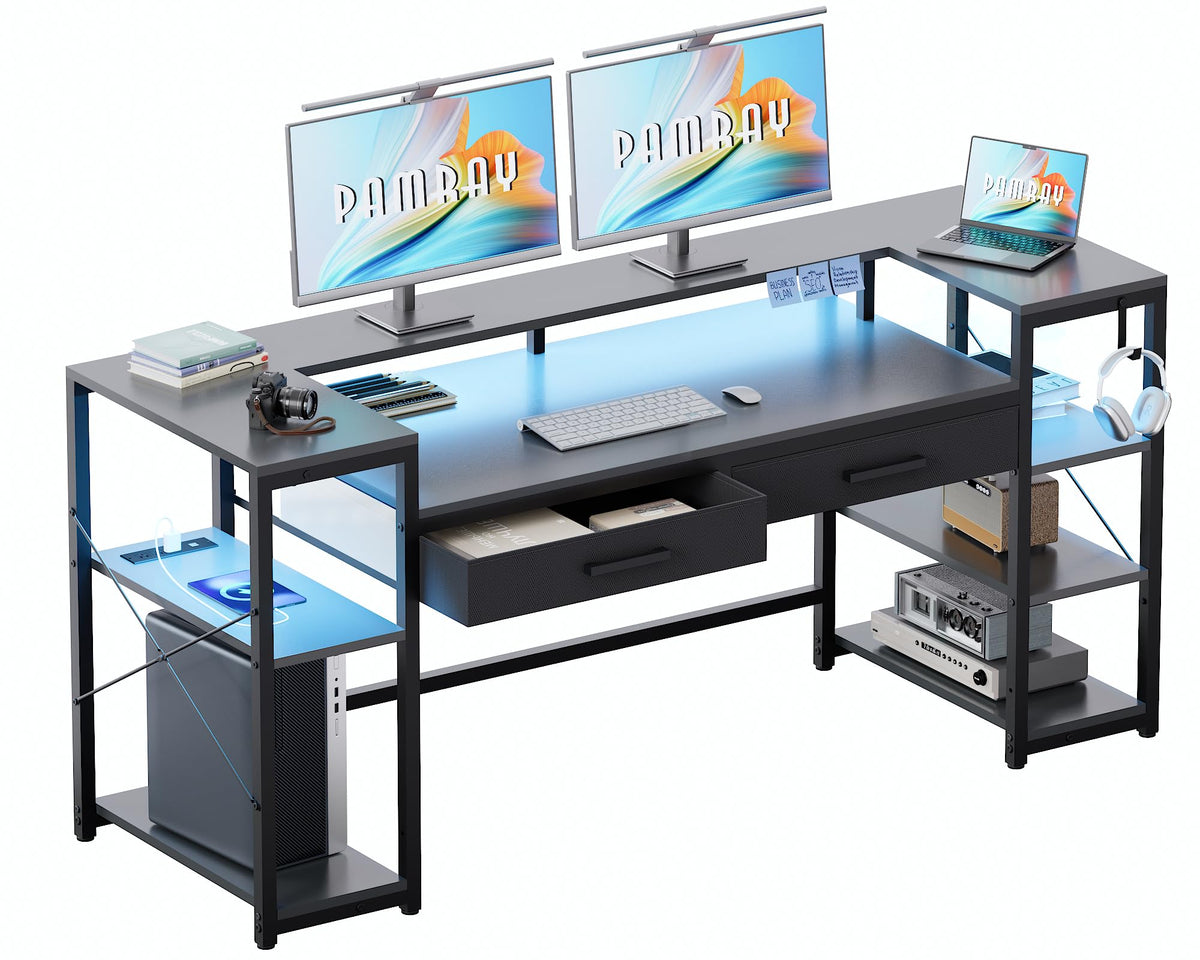 Pamray 58 Inch Computer Desk with Monitor Stand and Shelves Gaming Desk with LED Lights & Power Outlets PC Vanity Table with 2 Drawers for Home Office Black - Flex Gamingproduct_type