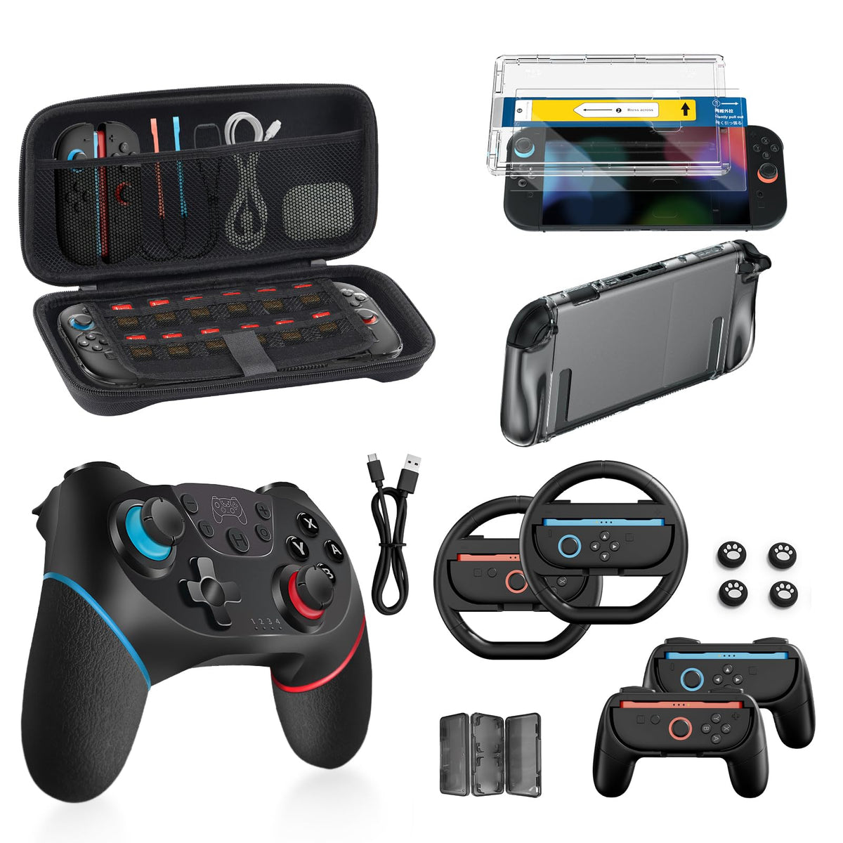Pro Controllers Accessories Bundle for Nintendo Switch 2 18-in-1: Carrying Case, Screen Protector, Thumb Grip for Joycon, Dockable Console Protective Cover Shell, Steering Wheel, 2025 Switch2 Game Kit - Flex Gamingproduct_type