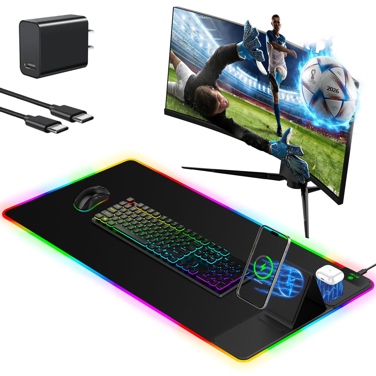 XXL Mouse Pad with Phone Holder - Black, RGB Desk Mat with 15W Fast Charging, LED Gaming Mousepad with 11 Light Colors, Waterproof Non-Slip Pad for Office & Home (Wave) - Flex Gamingproduct_type