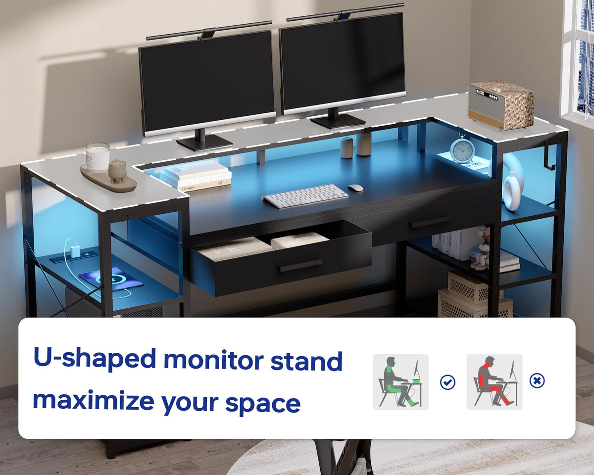 Pamray 58 Inch Computer Desk with Monitor Stand and Shelves Gaming Desk with LED Lights & Power Outlets PC Vanity Table with 2 Drawers for Home Office Black - Flex Gamingproduct_type