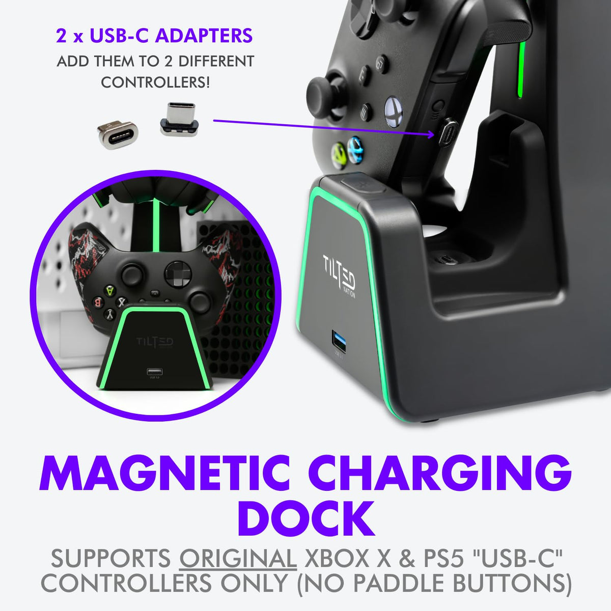 Tilted Nation 3 in 1 Gaming Headset and Controller Stand for PS5 and Xbox Series X Charging Station - Game Controller Holder and Headphone Stand for Desk with PlayStation and Xbox Magnetic Charger - Flex Gamingproduct_type
