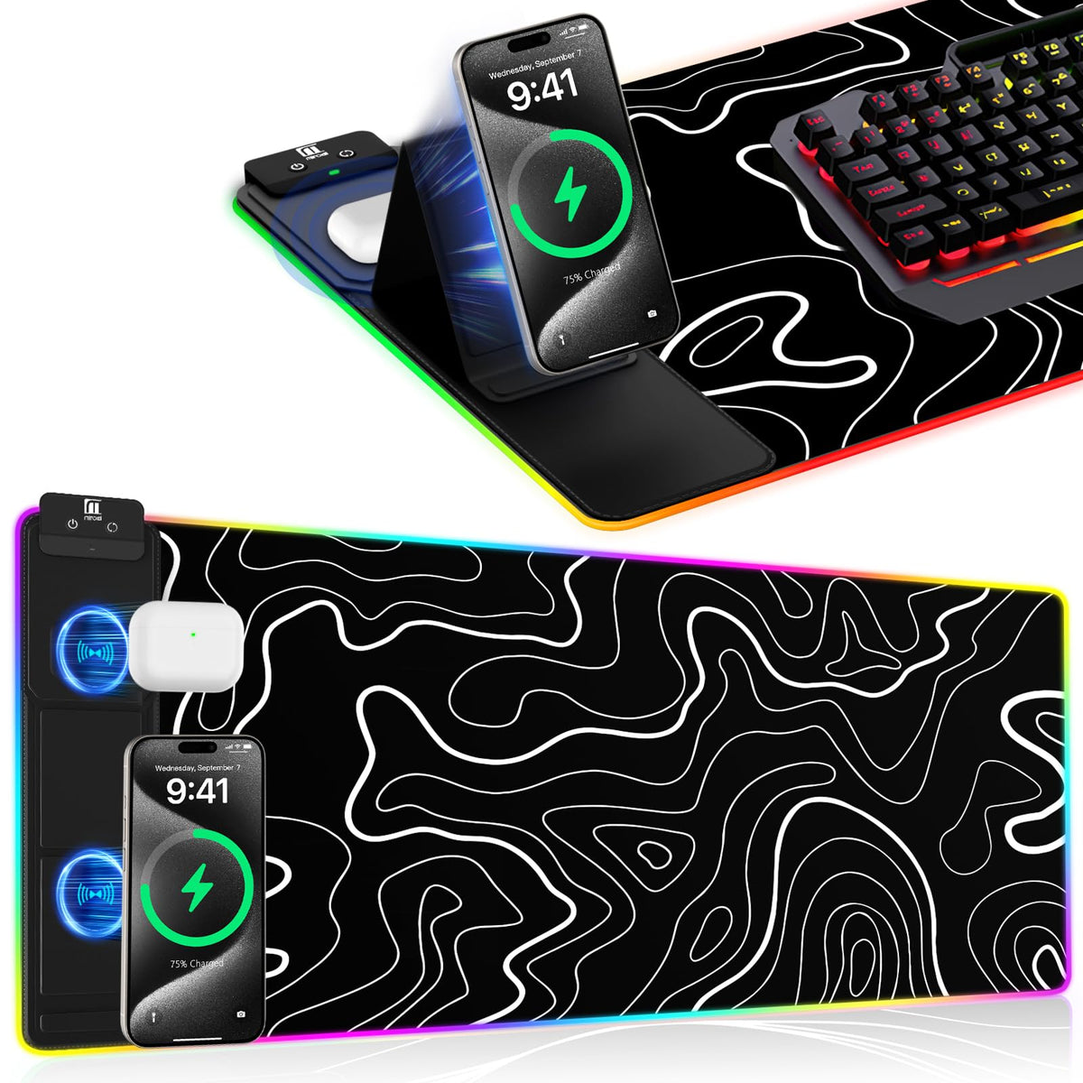 XXL Mouse Pad with Phone Holder - Black, RGB Desk Mat with 15W Fast Charging, LED Gaming Mousepad with 11 Light Colors, Waterproof Non-Slip Pad for Office & Home (Wave) - Flex Gamingproduct_type
