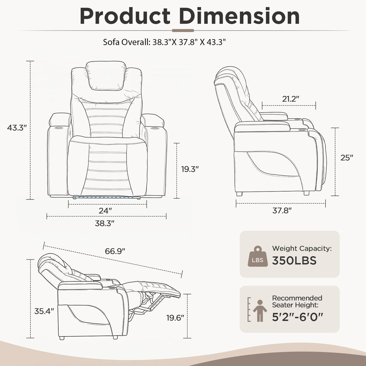 URRED Power Recliner Sofa for Home Theater – 3 Sizes & 4 Colors