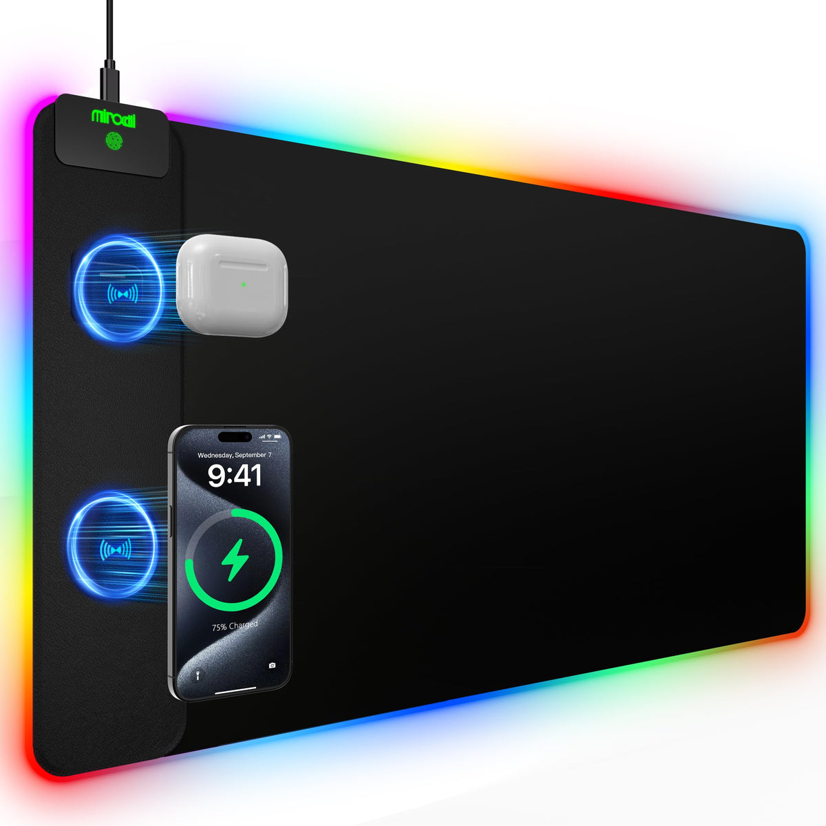 XXL Mouse Pad with Phone Holder - Black, RGB Desk Mat with 15W Fast Charging, LED Gaming Mousepad with 11 Light Colors, Waterproof Non-Slip Pad for Office & Home (Wave) - Flex Gamingproduct_type