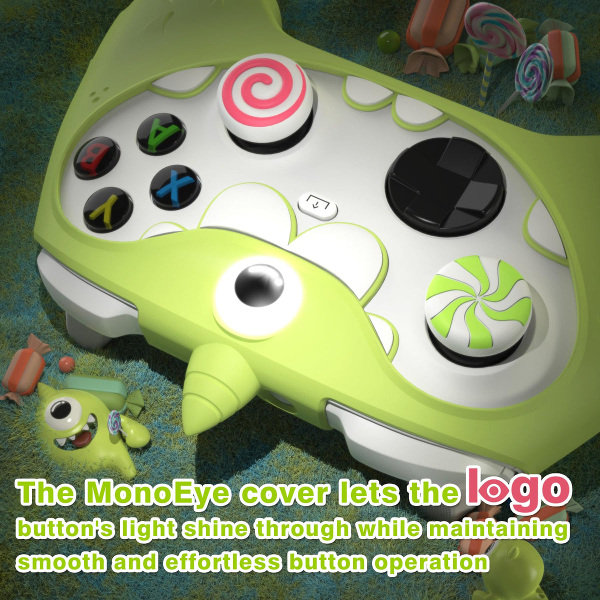 PlayVital MonoEye Monster Controller Skin for Xbox Series X/S - Cute Anti-Slip Silicone Cover Case with 4 Candy Thumb Grip Caps & Stickers, Full Protection Set, Green - Flex Gamingproduct_type