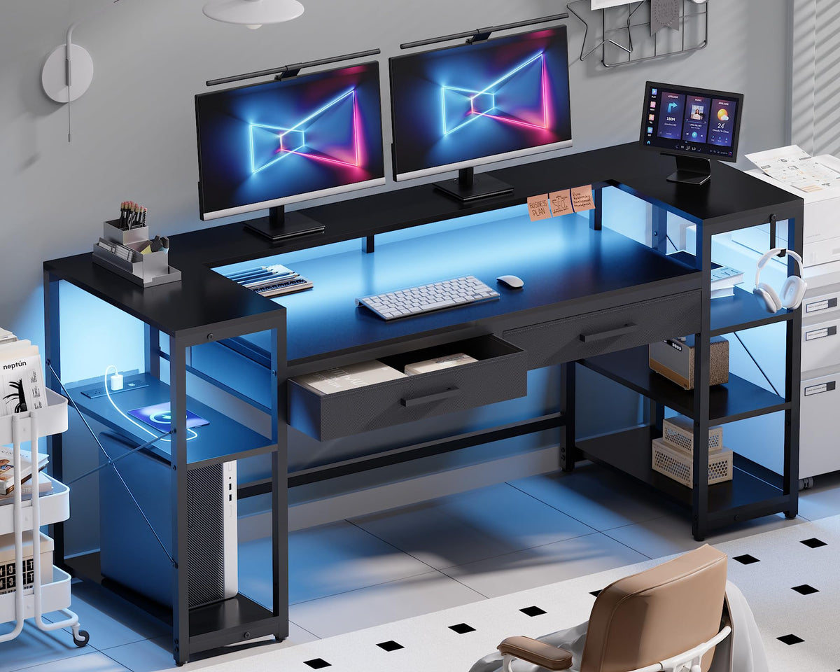 Pamray 58 Inch Computer Desk with Monitor Stand and Shelves Gaming Desk with LED Lights & Power Outlets PC Vanity Table with 2 Drawers for Home Office Black - Flex Gamingproduct_type