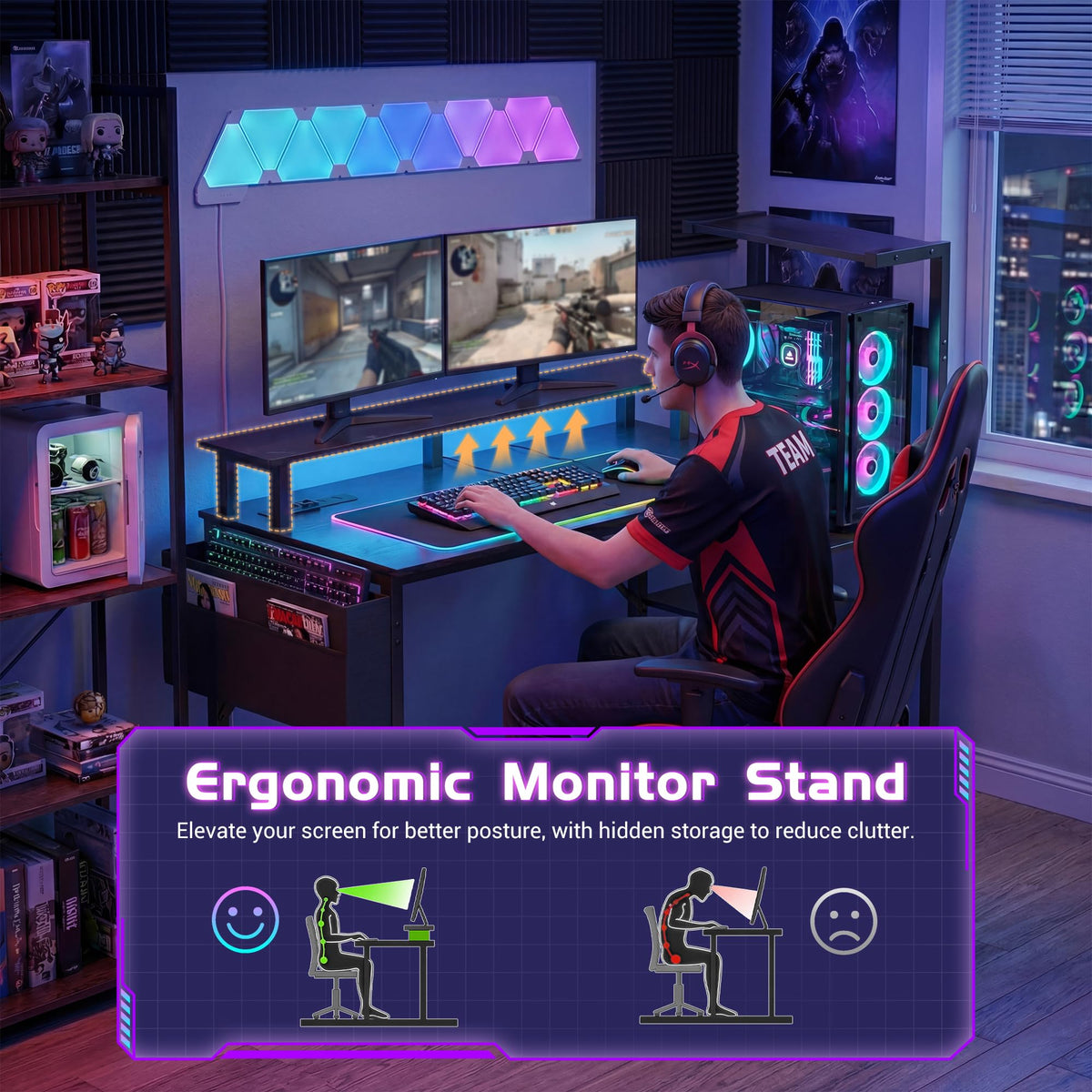 Apicizon 43 Inch Gaming Desk with LED Setup Style, Computer Desk with Storage Shelves & Monitor Stand, Reversible Workstation for Small Space, Home Office Desk Black - Flex Gamingproduct_type