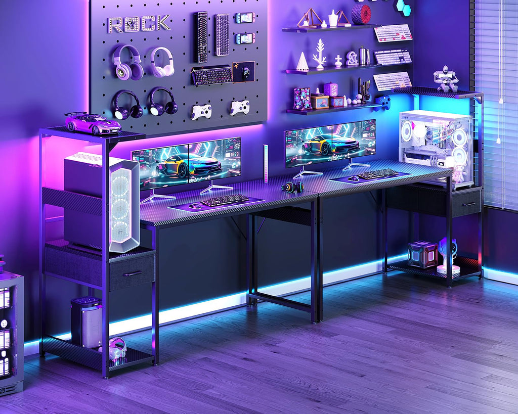 Casaottima 48'' Gaming Desk with LED Lights & CPU Stand, Reversible Computer Desk with Storage Shelves & Fabric Drawer, Modern PC Gamer Table with Headphone Hook, Carbon Fiber Black - Flex Gamingproduct_type