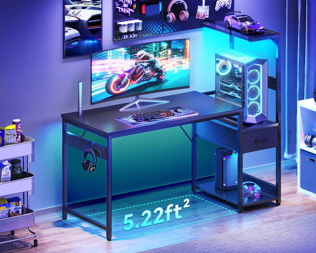 Casaottima 48'' Gaming Desk with LED Lights & CPU Stand, Reversible Computer Desk with Storage Shelves & Fabric Drawer, Modern PC Gamer Table with Headphone Hook, Carbon Fiber Black - Flex Gamingproduct_type