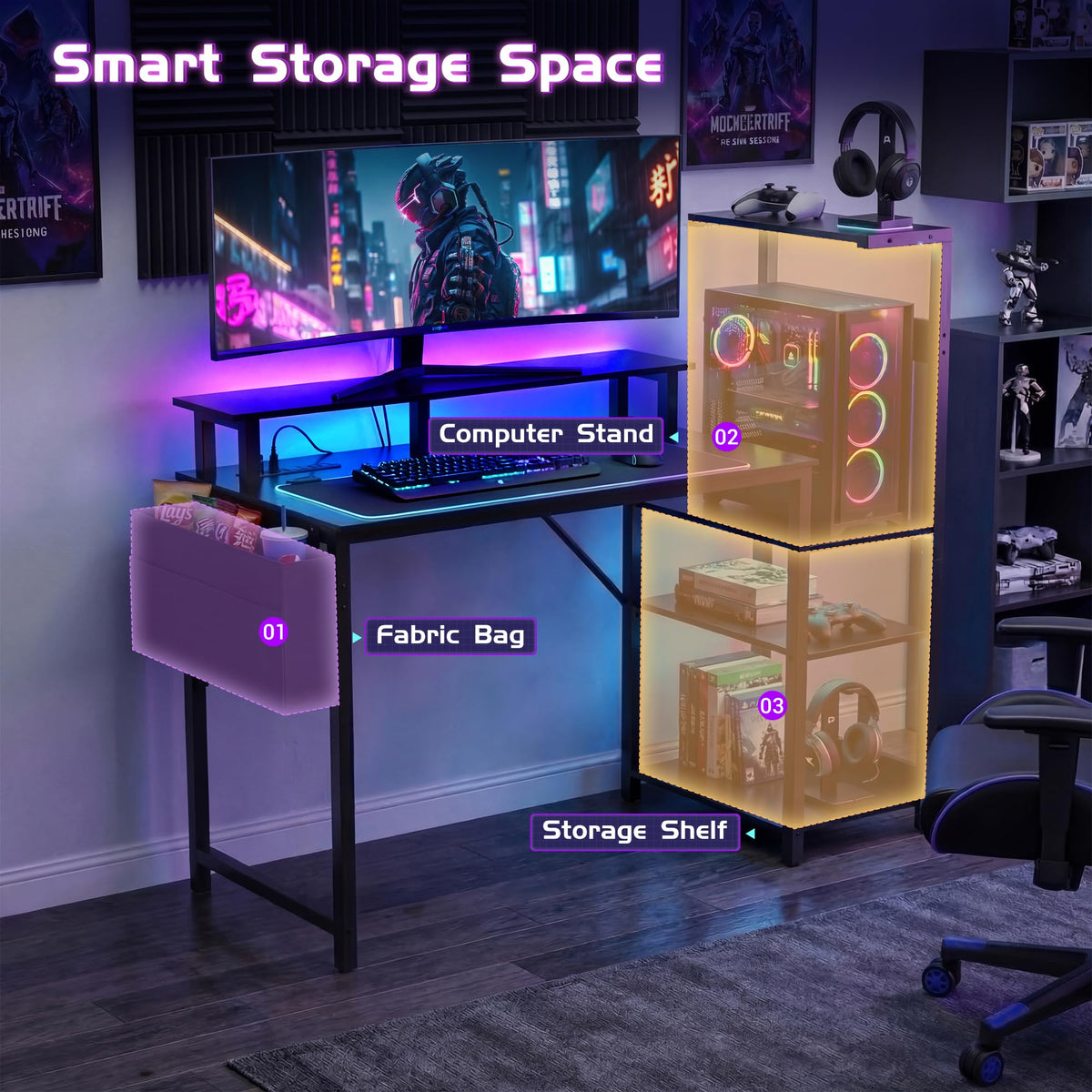 Apicizon 43 Inch Gaming Desk with LED Setup Style, Computer Desk with Storage Shelves & Monitor Stand, Reversible Workstation for Small Space, Home Office Desk Black - Flex Gamingproduct_type