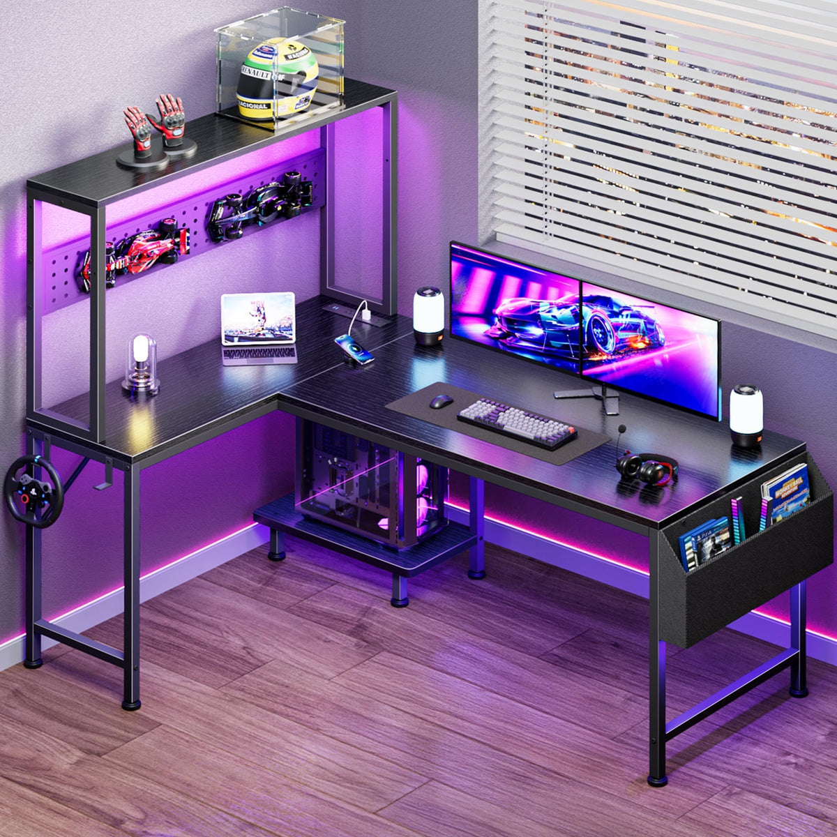 PRAISUN L Shaped Gaming Desk with LED Lights & Power Outlets, Reversible Computer Desk with Storage Shelves & Bag, Large Corner Home Office Desk with Pegboard for Work from Home, Black - Flex Gamingproduct_type