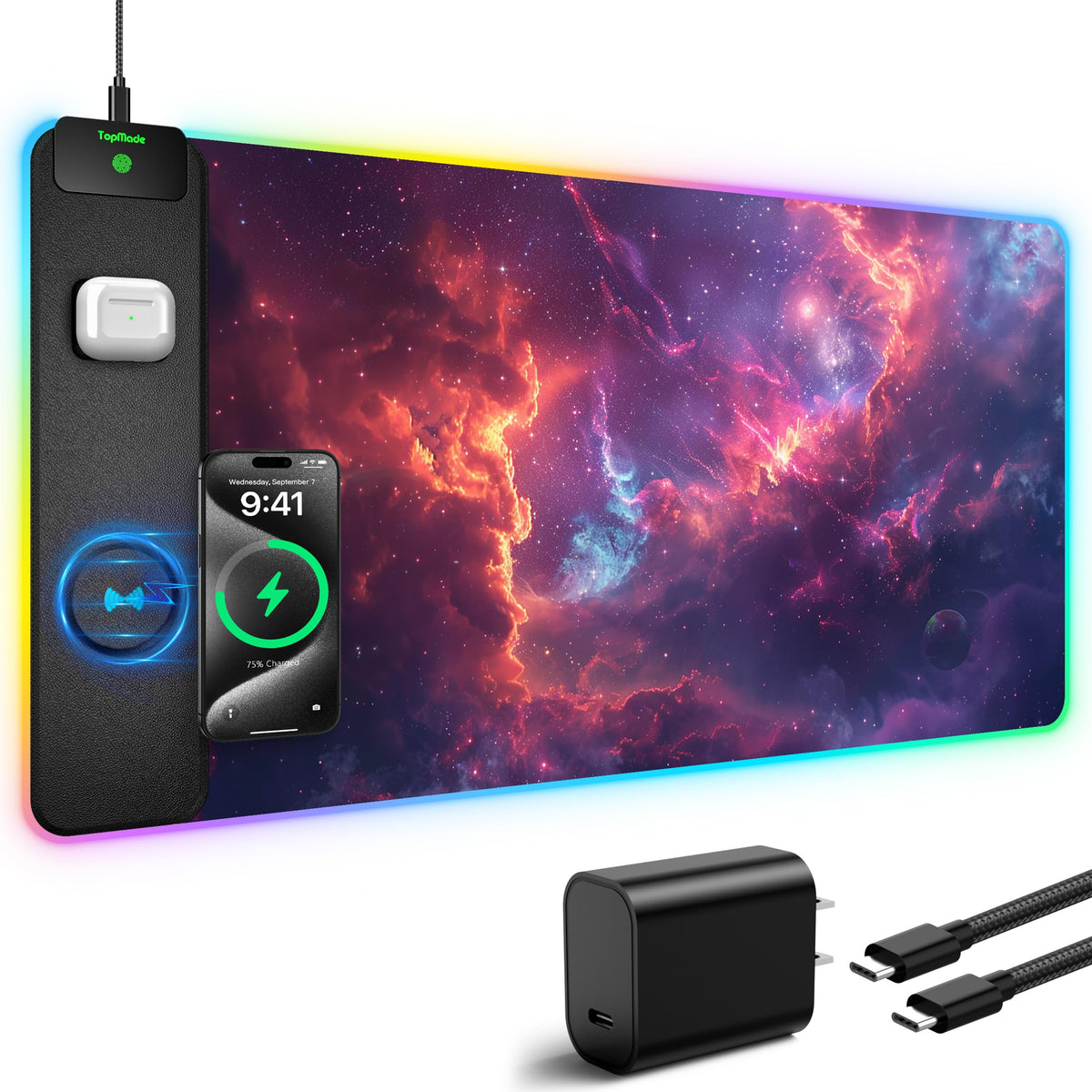 TopMade Wireless Charging RGB Mouse Pad, Waterproof Gaming Desk Mat with 4 Light Modes & 11 RGB Colors, 31.5"x15.75" XXL Large Desk Pad(Includes 20W PD Power Adapter & 6.56ft Woven Cable) - Flex Gamingproduct_type