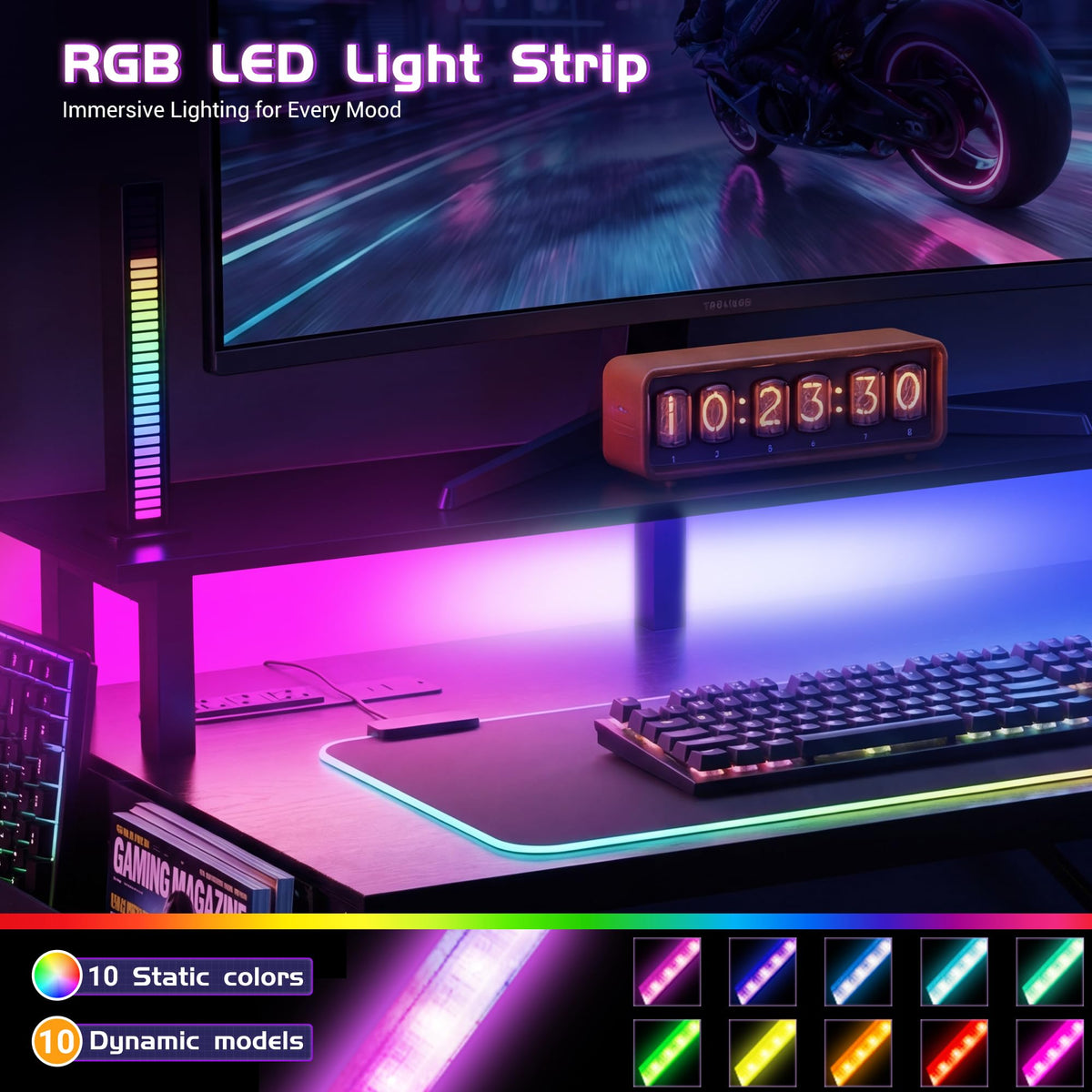 Apicizon 43 Inch Gaming Desk with LED Setup Style, Computer Desk with Storage Shelves & Monitor Stand, Reversible Workstation for Small Space, Home Office Desk Black - Flex Gamingproduct_type