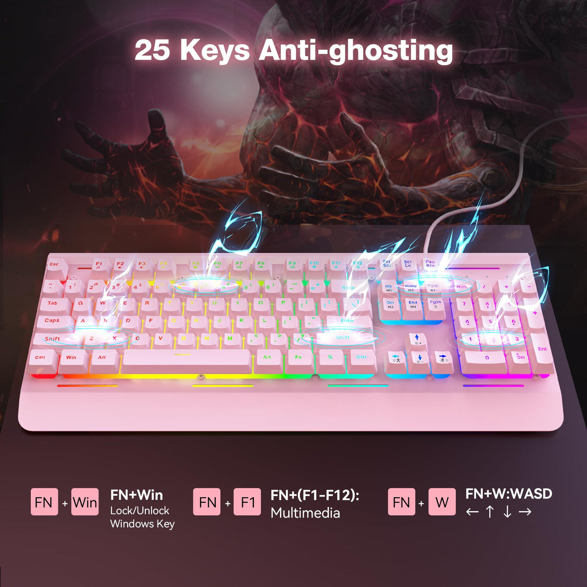 TECKNET Wired Gaming Keyboard, USB Wired Computer Keyboard, 15-Zone RGB Illumination, IP32 Water Resistance, 25 Anti-ghosting Keys, All-Metal Panel (Whisper Quiet Design) - Flex Gamingproduct_type