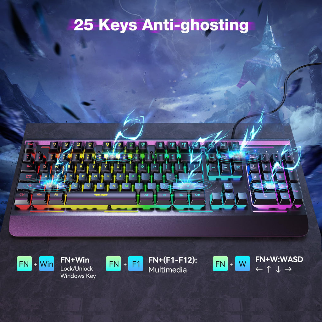 TECKNET Wired Gaming Keyboard, USB Wired Computer Keyboard, 15-Zone RGB Illumination, IP32 Water Resistance, 25 Anti-ghosting Keys, All-Metal Panel (Whisper Quiet Design) - Flex Gamingproduct_type