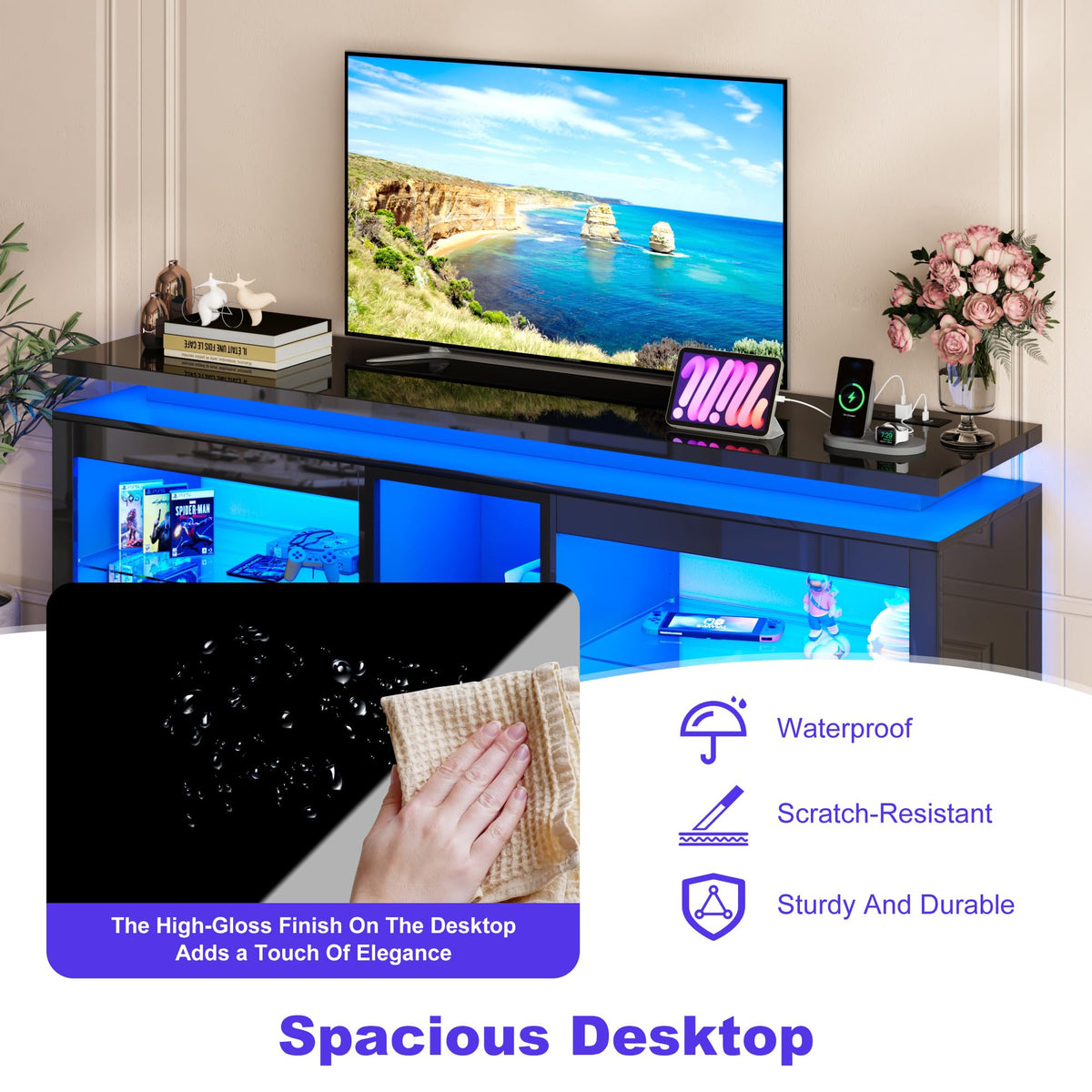 St.Mandyu RGB LED TV Stand with Power Outlets – 2 Sizes & 2 Colors