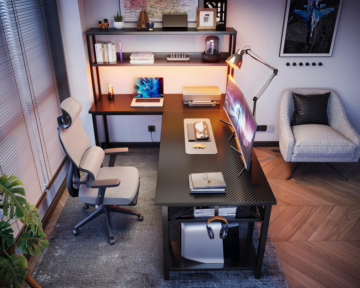 ODK 53" L Shaped Gaming Desk with Hutch & Headphone Hook, Corner Computer Table with Storage Shelves for Home Office, Black - Flex Gamingproduct_type