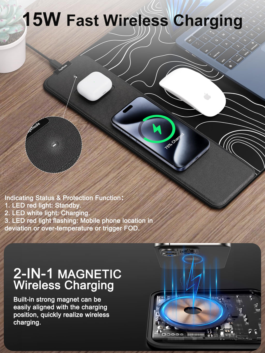 TopMade Wireless Charging RGB Mouse Pad, Waterproof Gaming Desk Mat with 4 Light Modes & 11 RGB Colors, 31.5"x15.75" XXL Large Desk Pad(Includes 20W PD Power Adapter & 6.56ft Woven Cable) - Flex Gamingproduct_type
