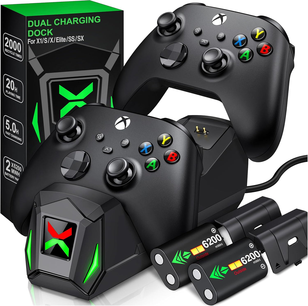 NinABXY Xbox Controller Charging Dock – 2 Colors & 2 Battery Packs