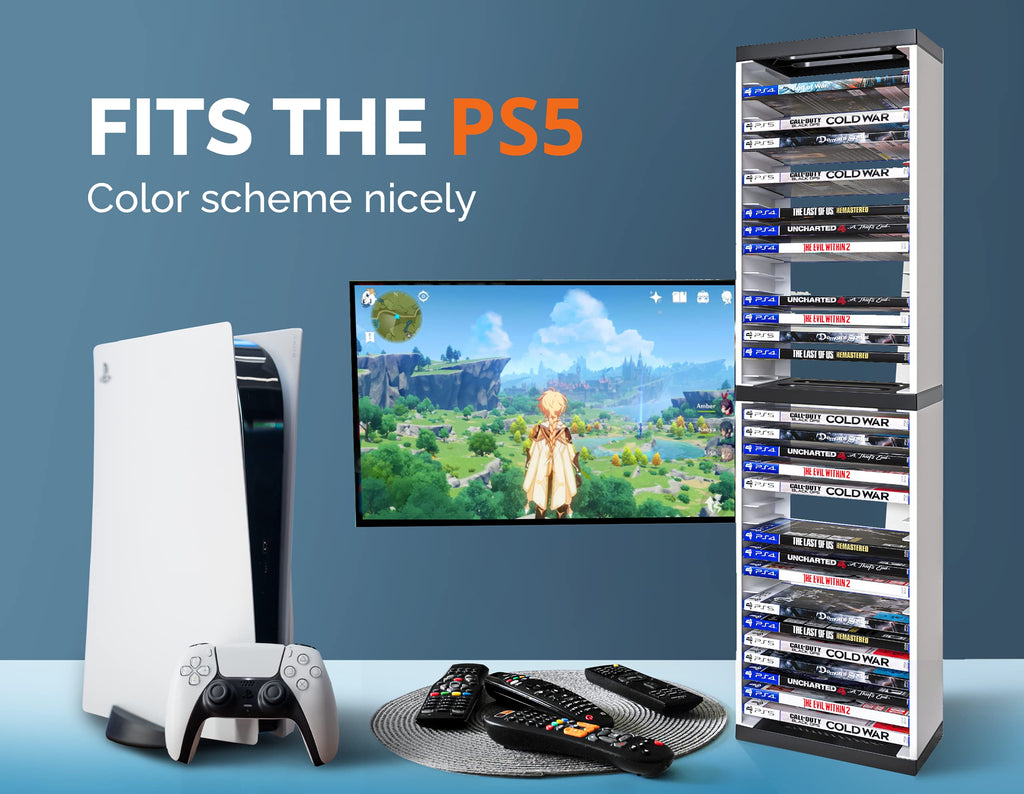 White 36-Slot Game Storage Tower for PS5, PS4 & PS3 – 1 & 2 Pack