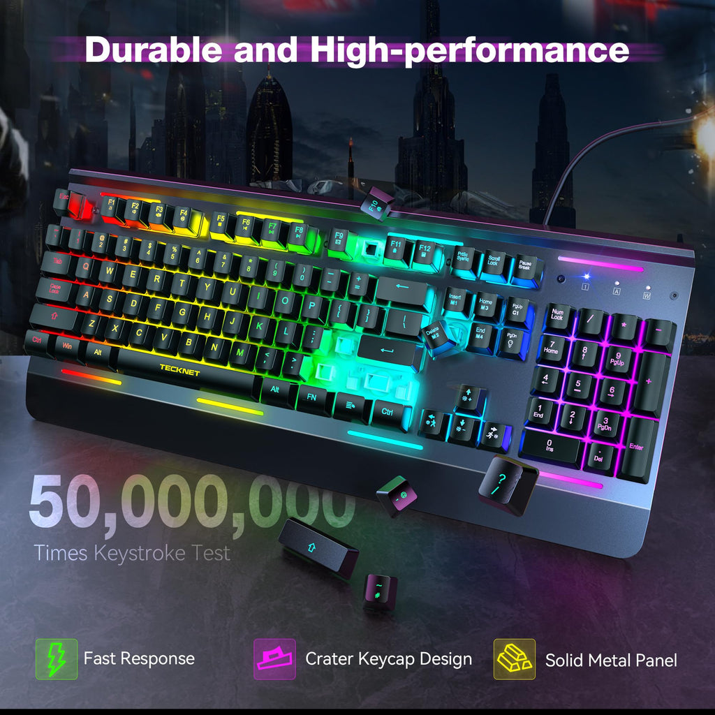 TECKNET Wired Gaming Keyboard, USB Wired Computer Keyboard, 15-Zone RGB Illumination, IP32 Water Resistance, 25 Anti-ghosting Keys, All-Metal Panel (Whisper Quiet Design) - Flex Gamingproduct_type