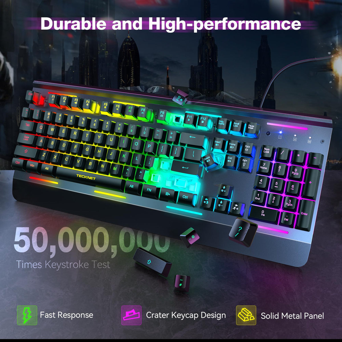 TECKNET Wired Gaming Keyboard, USB Wired Computer Keyboard, 15-Zone RGB Illumination, IP32 Water Resistance, 25 Anti-ghosting Keys, All-Metal Panel (Whisper Quiet Design) - Flex Gamingproduct_type
