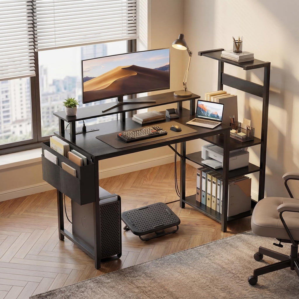 Apicizon 43 Inch Gaming Desk with LED Setup Style, Computer Desk with Storage Shelves & Monitor Stand, Reversible Workstation for Small Space, Home Office Desk Black - Flex Gamingproduct_type