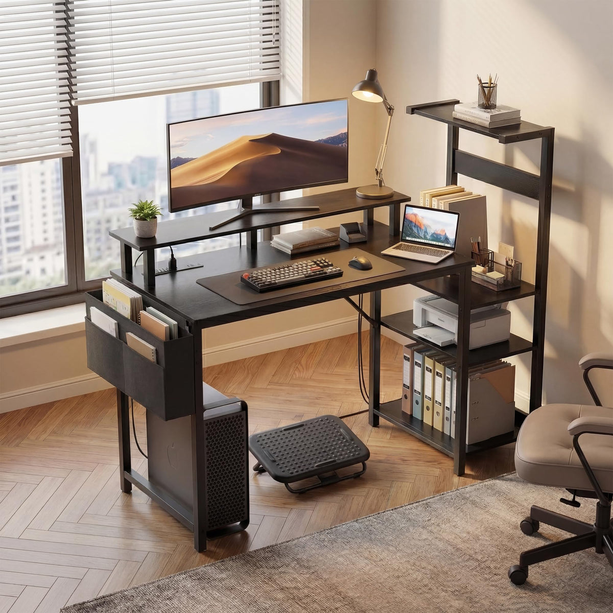 Apicizon 43 Inch Gaming Desk with LED Setup Style, Computer Desk with Storage Shelves & Monitor Stand, Reversible Workstation for Small Space, Home Office Desk Black - Flex Gamingproduct_type