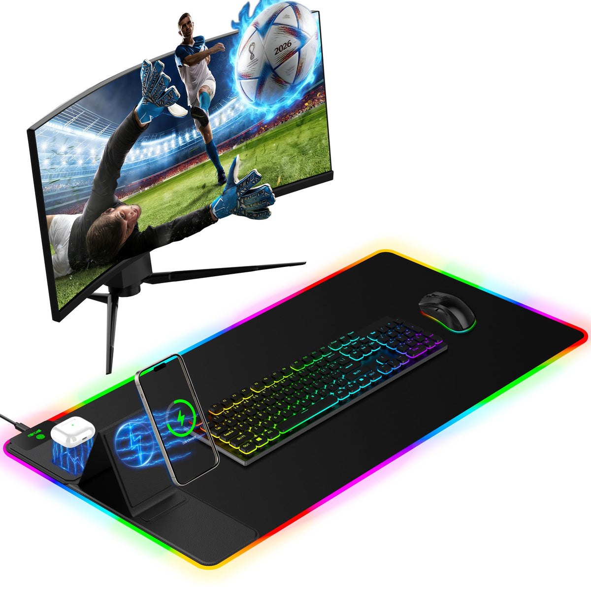 XXL Mouse Pad with Phone Holder - Black, RGB Desk Mat with 15W Fast Charging, LED Gaming Mousepad with 11 Light Colors, Waterproof Non-Slip Pad for Office & Home (Wave) - Flex Gamingproduct_type