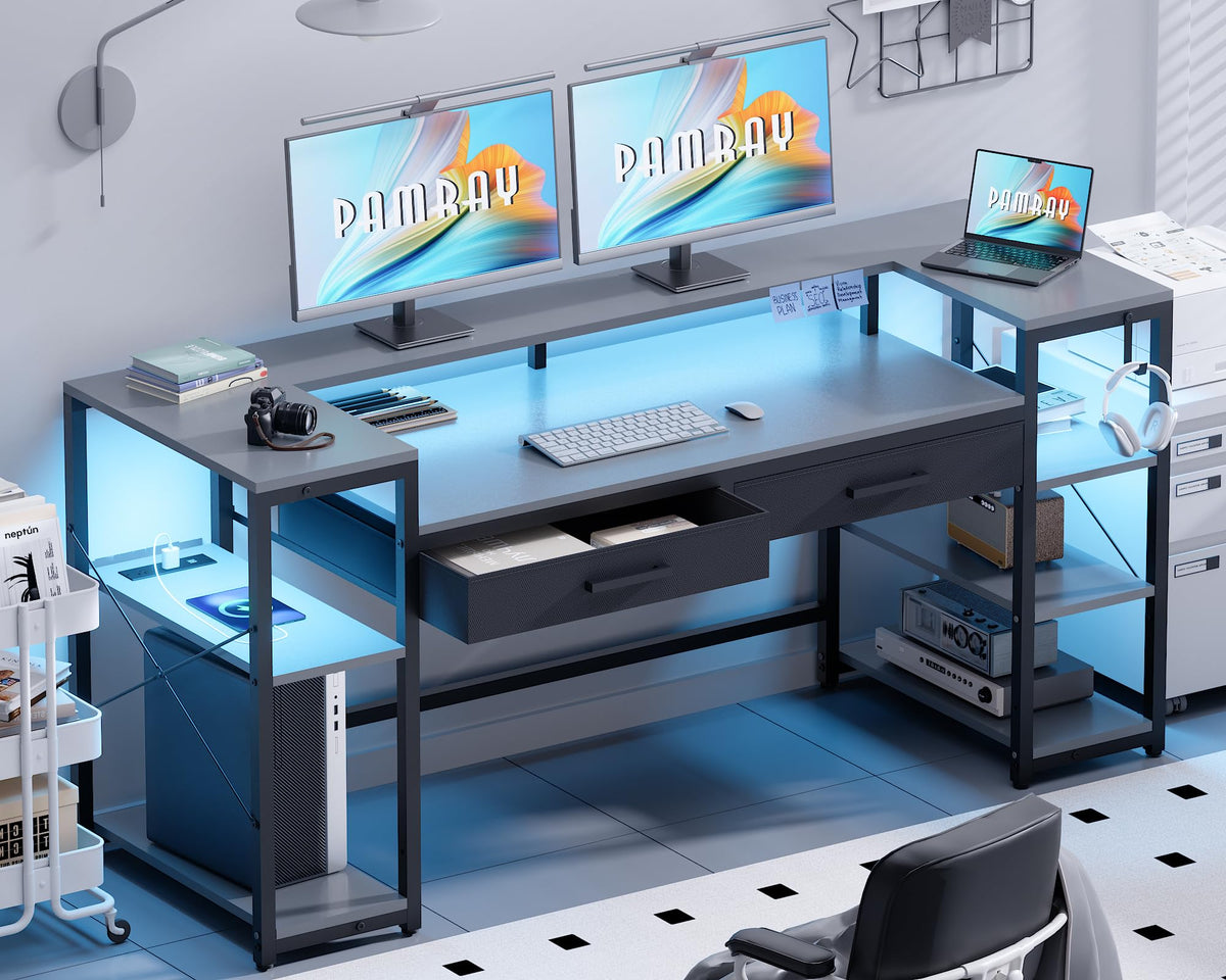 Pamray 58 Inch Computer Desk with Monitor Stand and Shelves Gaming Desk with LED Lights & Power Outlets PC Vanity Table with 2 Drawers for Home Office Black - Flex Gamingproduct_type